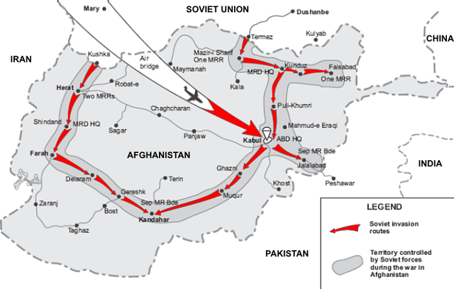 ソ連軍のアフガニスタン侵攻経路図