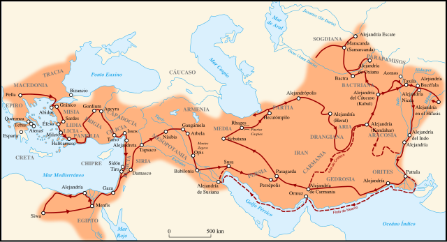 アレキサンダー大王の侵攻ルートと征服地域ｍの地図